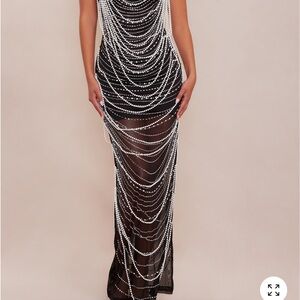 Fashion Nova Black Sheer Maxi Dress with Pearl-Effect Draping